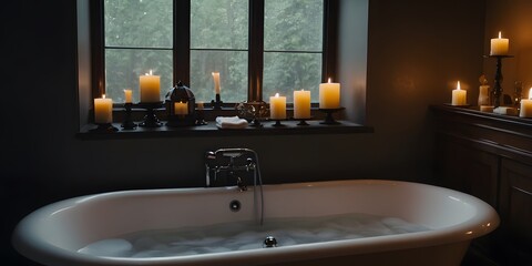 cozy, bathroom, warm, inviting, bubble, bathtub, soft, lighting, candles, relaxing, serene, atmosphere, unwinding, stylish, elegant, refined, tranquil, modern, chic, detailed, plush, luxurious, comfor