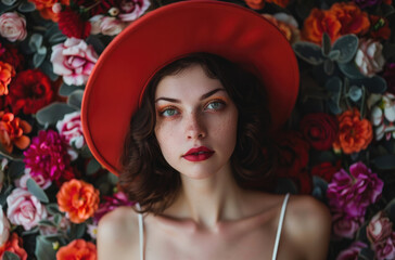 Wall Mural - A beautiful woman wearing a red hat and dress, standing in front of flowers, looking at the camera
