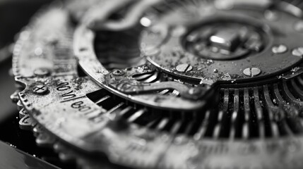 A tight shot focusing on the intricate mechanism of a typewriter key frozen in time. Black and white art