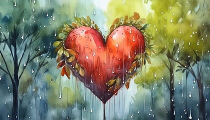 Wall Mural - heart in the rain watercolor illustration