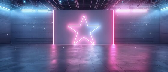 Futuristic empty room with glowing pink and blue neon star light, modern and sleek interior design, abstract and vibrant atmosphere, 3D illustration