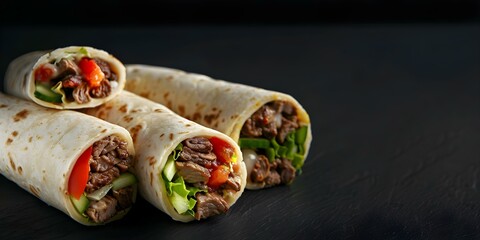 Sticker - Mexican Cuisine Beef Burrito with Vegetables on a Black Background. Concept Mexican Cuisine, Beef Burrito, Vegetables, Black Background