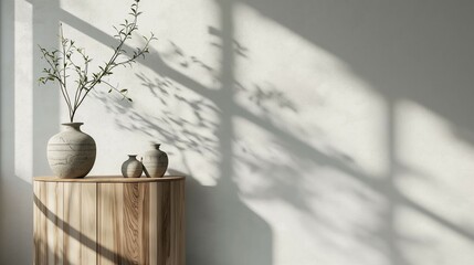 Wall Mural - There is a chest of drawers with tree leaf shadow white wall background
