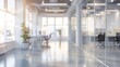 © Prompt2image - A blurry image of a modern office space with glass partitions, featuring bright white walls and large windows