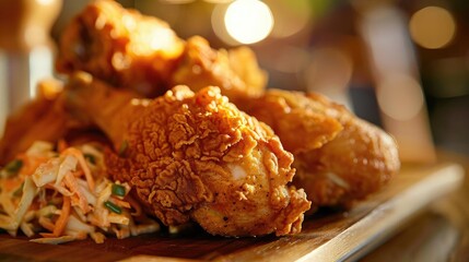 Wall Mural - Close-up of crispy fried chicken drumsticks with a side of coleslaw, served on a wooden platter, warm ambient lighting.