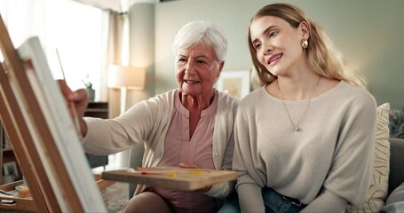 Sticker - Grandmother, woman and painting on canvas in home for relaxation, fun and artistic expression with smile for wellbeing. Girl, elderly person and creativity for memory or cognitive function and hobby.