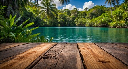 Wall Mural - rustic wooden table and, in the background, a tropical ecosystem blurred with nature, lush biodiversity, vegetation, and sky, to use as a background for products.