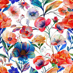 Wall Mural - Vivid botanical floral pattern featuring a variety of colorful flowers and leaves on a dark background.