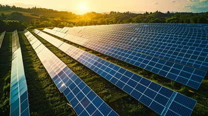 Wall Mural - high-altitude shot of a solar panel farm, rows of panels shining under the sun, symbolizing renewabl