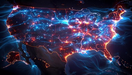 Wall Mural - Data Highways of the USA, map illustrating the complex web of fiber optic cables crisscrossing the United States, modern design.