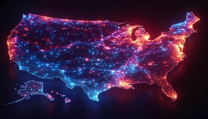 Wall Mural - Data Highways of the USA, map illustrating the complex web of fiber optic cables crisscrossing the United States, modern design.