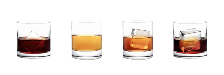 Four Glasses with Different Types of Whiskey and Ice