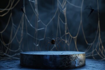 3d render podium with hanging black spider on background