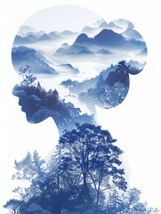 A lovely Chinese girl, blue and white porcelain style, double exposure mountain forest, the girl's dense mountain forest, the dress is painted with floral patterns, depicted as pure background illustr