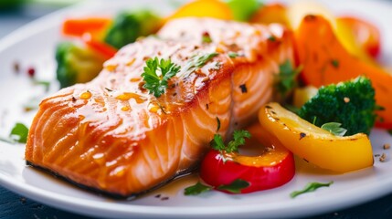 Wall Mural - Honey-glazed salmon fillet served with a side of fresh, colorful vegetables