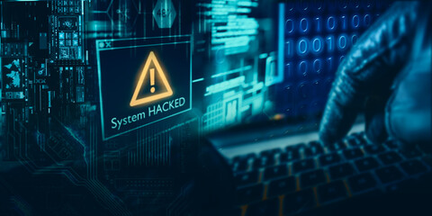 Laptop with system breach warning notice. Virus, spyware, malware, or malicious software attacks on computer networks. Concept of cybercrime and cyber security. technology for system security