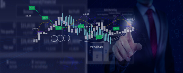 Wall Mural - The finance analyst analyzes stock market trends, economic growth charts, and plans strategies, providing financial reports and market research for businesses and investors.