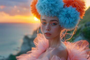 Wall Mural - Young Woman Wearing Flower Crown at Sunset by the Ocean