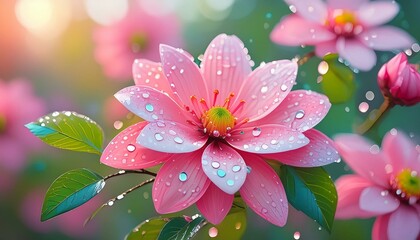 Wall Mural -  close up of a pink flower with drops of water on it and a blurry background of pink flowers with green leaves and drops of water on the petals.