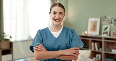 Wall Mural - Nurse, happy and face with crossed arms in nursing home, caregiver and confident in senior wellness service. Living room, healthcare professional and medical pride for portrait, Germany or medic care