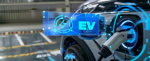 Wall Mural - An electric vehicle charging with digital blue glowing port with interface displaying text EV