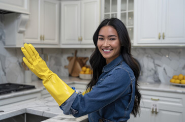Wall Mural - Happy woman wearing yellow rubber gloves while cleaning kitchen, smiling and waving at camera