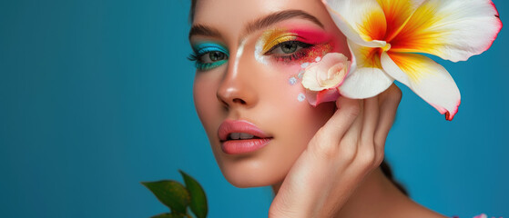 Wall Mural - a woman with colorful makeup holding up an exotic flower, a beautiful young girl's face is adorned in vibrant rainbow eyeshadow and lipstick