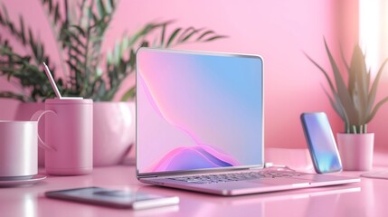 Wall Mural - A laptop computer with a vivid abstract screen and a cellphone.