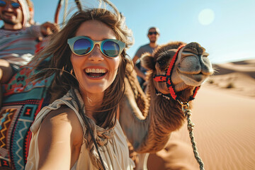 happy tourist having fun enjoying group camel ride tour in the desert