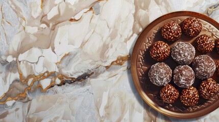 A plate of chocolate covered nuts sits on a marble countertop. The plate is filled with a variety of nuts, including almonds and walnuts. Concept of indulgence and luxury