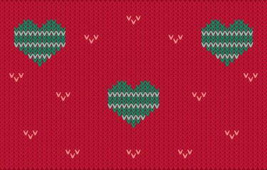 Wall Mural - Knit pattern with hearts in red and green.Christmas background.Vector graphic illustration.