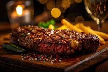 Wall Mural - Grilled steak on wooden cutting board with herbs and spices, with romantic candlelight and wine in the background.