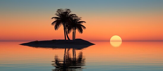 Fototapete - A serene sunrise setting with a palm tree and pond reflecting light, perfect as a copy space image.