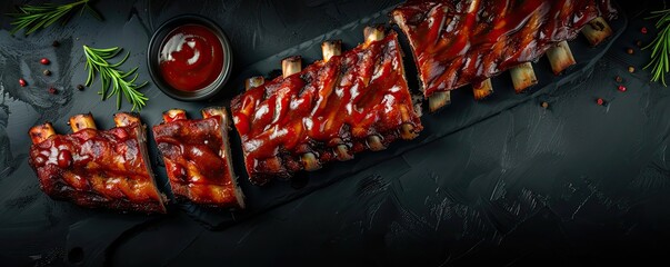 Wall Mural - Delicious barbecued pork ribs glazed with BBQ sauce, garnished with rosemary on a dark slate background. Perfect for food and dining themes.
