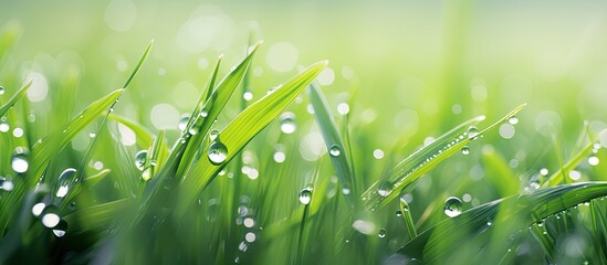 Leinwandbilder - A stunning spring or summer close-up macro photo showcasing fresh green grass on a meadow with dew drops, capturing the purity and freshness of nature, with space for text. with copy space image