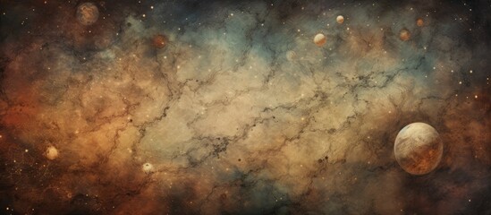 Poster - Artistic depiction of the universe on textured mulberry paper with copy space image.