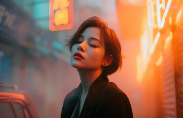 Sticker - Portrait of a beautiful woman in a suit, with a bob hairstyle, eyes closed standing on the street with neon lights