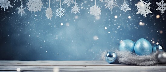 Poster - Blue frozen table decorated with a white garland, perfect for a festive Christmas and New Year copy space image.