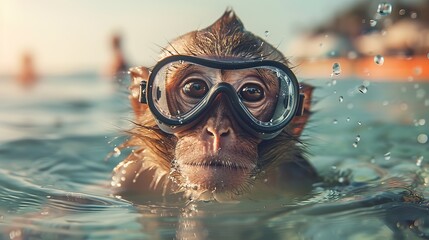 A monkey with diving goggles dives in the water. Surreal fun concept of nature, animals and summer, summer swimwear