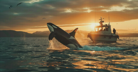 Wall Mural - a orca fin is seen from the deck of an open air boat in Norway, at sunset, the water splashes around it as waves crash against distant mountains