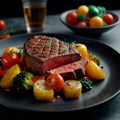 Juicy, caramelized steak paired with a vibrant medley of fresh vegetables, artfully arranged on the plate. Each bite offers a symphony of textures and flavors, making for an exquisite