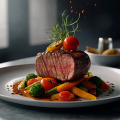 Juicy, caramelized steak paired with a vibrant medley of fresh vegetables, artfully arranged on the plate. Each bite offers a symphony of textures and flavors, making for an exquisite