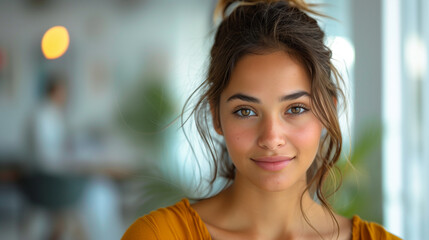 A high-resolution portrait of a surprised, white-skinned woman in casual yellow attire, perfect for business promotions and corporate websites.