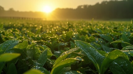 Canvas Print - Fresh green grass glistening with water drops in the bright sunlight at sunrise