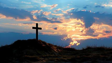 Wall Mural - Cross on Hill Silhouette at Sunset with Dramatic Sky	