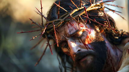 Wall Mural - Jesus with Crown of Thorns Symbolizing Sacrifice and Suffering	