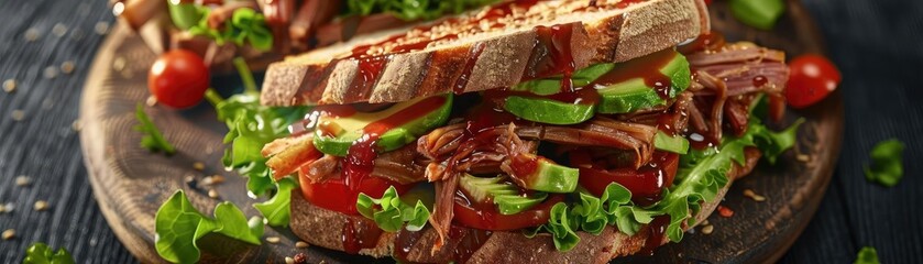 Sticker - Delicious gourmet sandwich with pulled pork, fresh vegetables, and rustic bread on a wooden plate, perfect for a tasty meal.