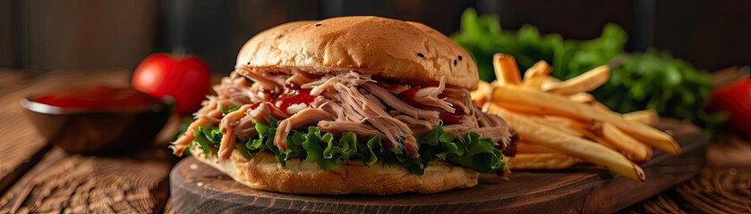 Sticker - Delicious pulled pork sandwich with fresh lettuce, tomatoes, and crispy fries served on a wooden board. Perfect for lunch or dinner.