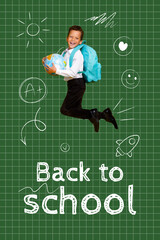 Poster - Vertical photo collage of happy cute schoolboy jump hold globe geography lesson preparation school board isolated on painted background