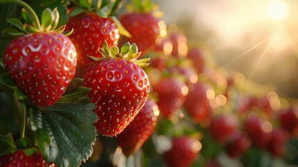 Poster - Image of ripe strawberries glistening with morning dew, captured in a field under the golden rays of sunlight, highlighting their vibrant color and freshness.